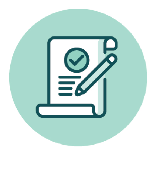 Icon of a document with a check mark and pencil on a green circle.